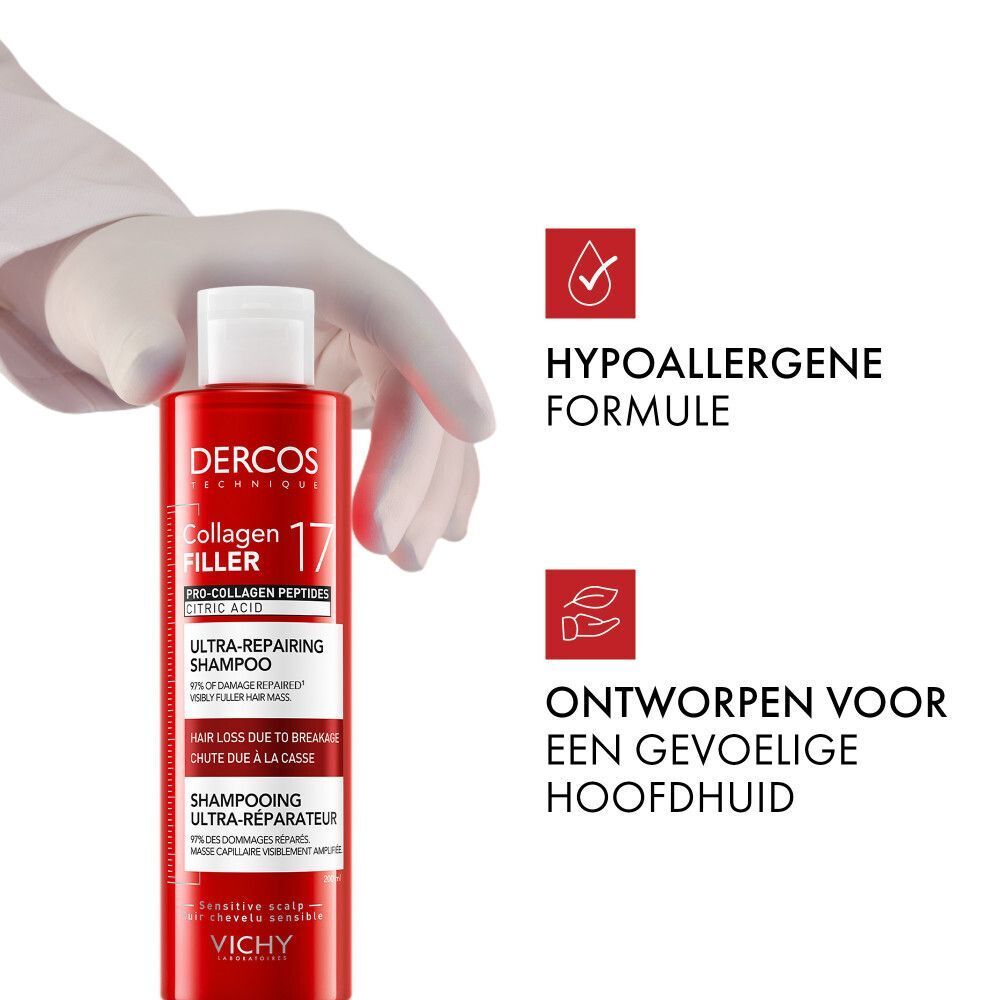 Vichy Dercos Collagen 17 Filler Shampoo | Beschadigd en Breekbaar Haar | Pro-Collageen Peptiden en Citroenzuur
