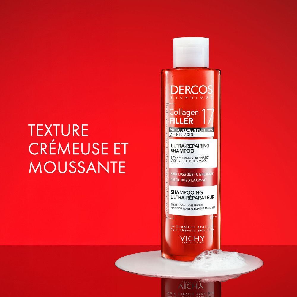 Vichy Dercos Shampooing Collagen 17 Filler | Cheveux Abîmés et Cassants | Peptides Pro-Collagène et Acide citrique
