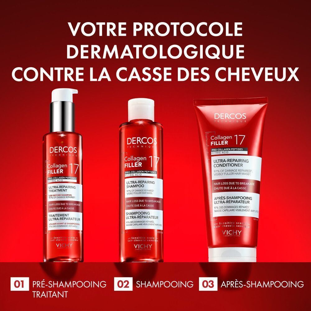 Vichy Dercos Shampooing Collagen 17 Filler | Cheveux Abîmés et Cassants | Peptides Pro-Collagène et Acide citrique