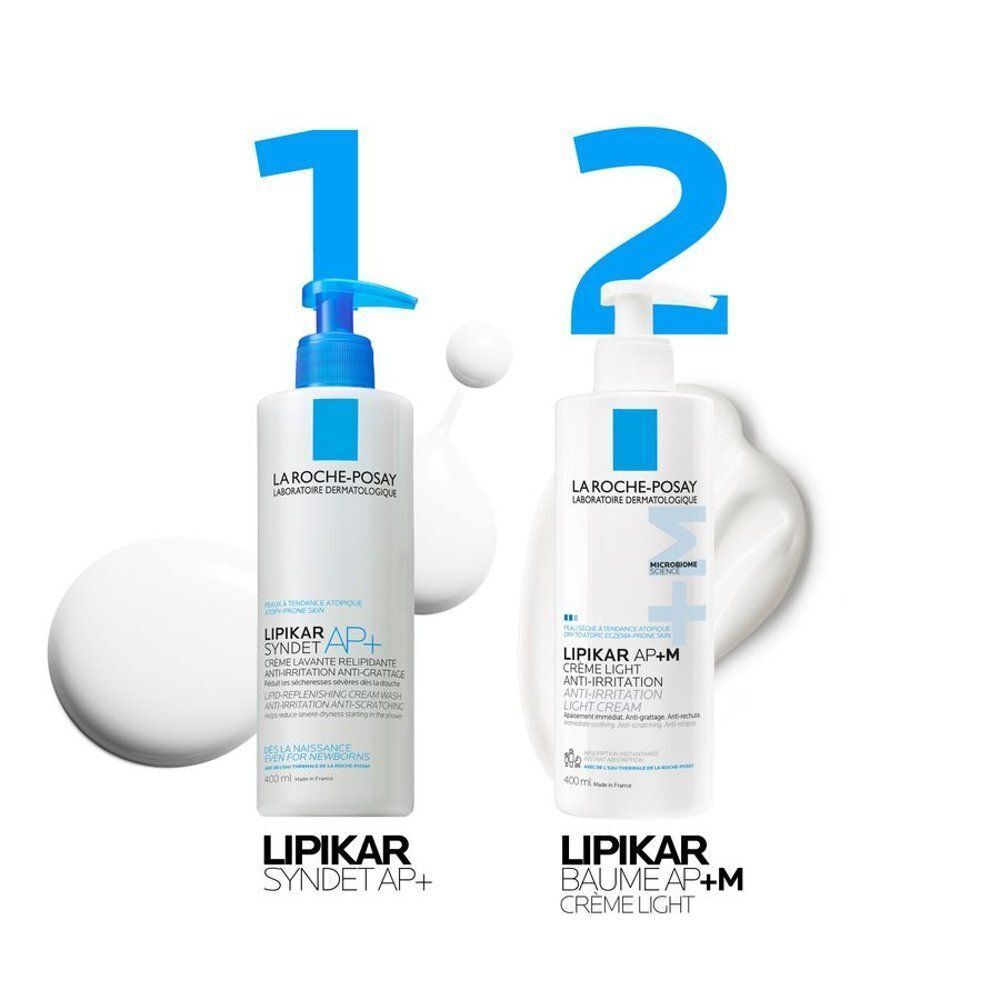 Comparaison de La Roche-Posay Lipikar Syndet AP+ et Lipikar Baume AP+M Crème Light. Chiffres bleus.