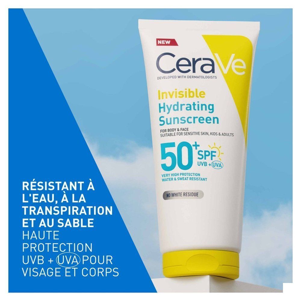 Tube Cerave Sun Crème Solaire Hydratante Invisible SPF50. Wit, geel en blauw. Tekst: Water- en zweetbestendig. SPF 50.