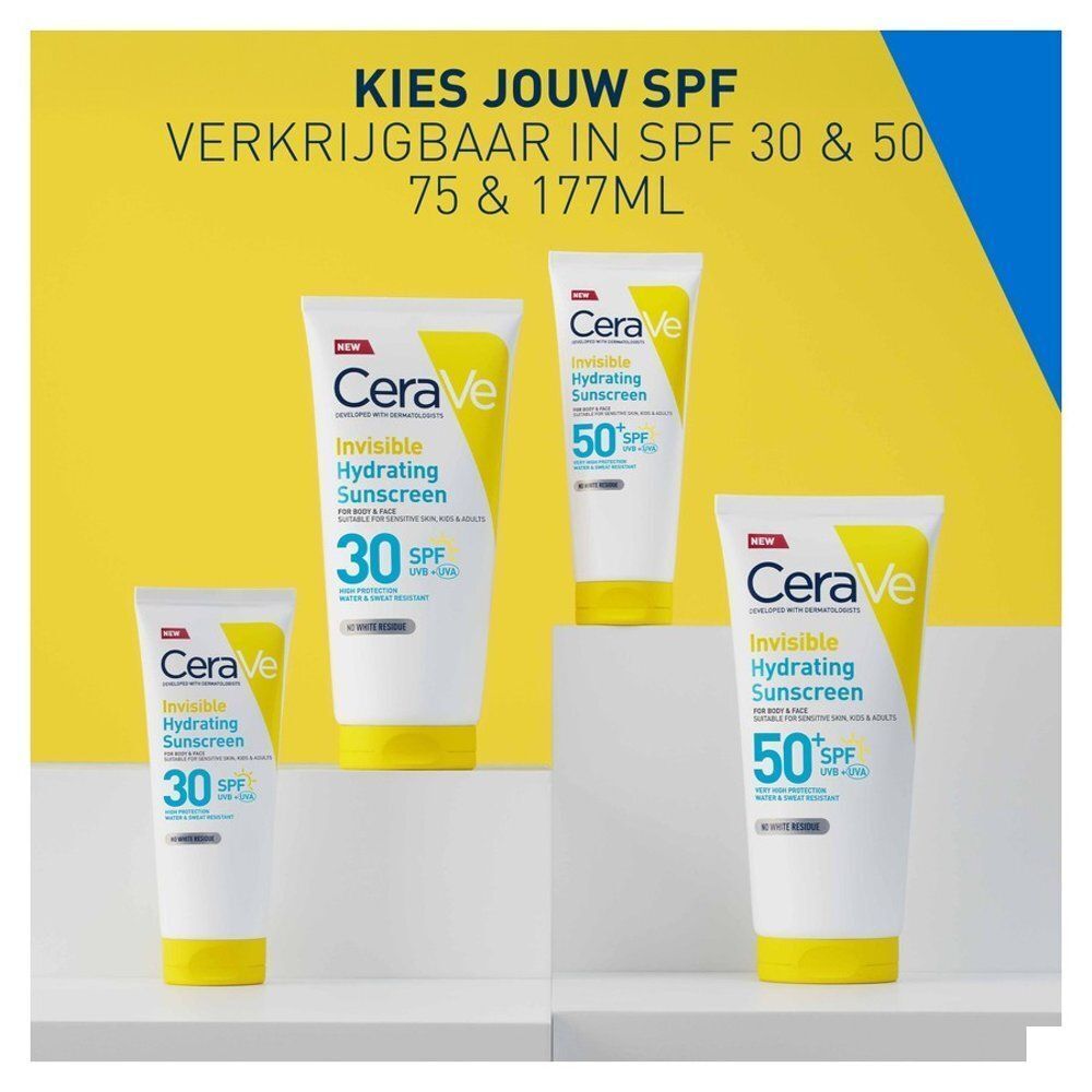 Quatre tubes de Cerave Sun Crème Solaire Hydratante Invisible. Deux avec SPF 30, deux avec SPF 50. Fond jaune.