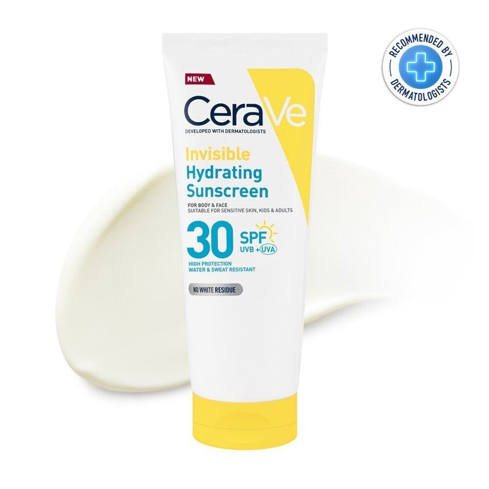 Tube de CeraVe Invisible Hydrating Sunscreen SPF30. Design blanc, jaune et bleu. Recommandé par les dermatologues. Produit sur fond blanc.