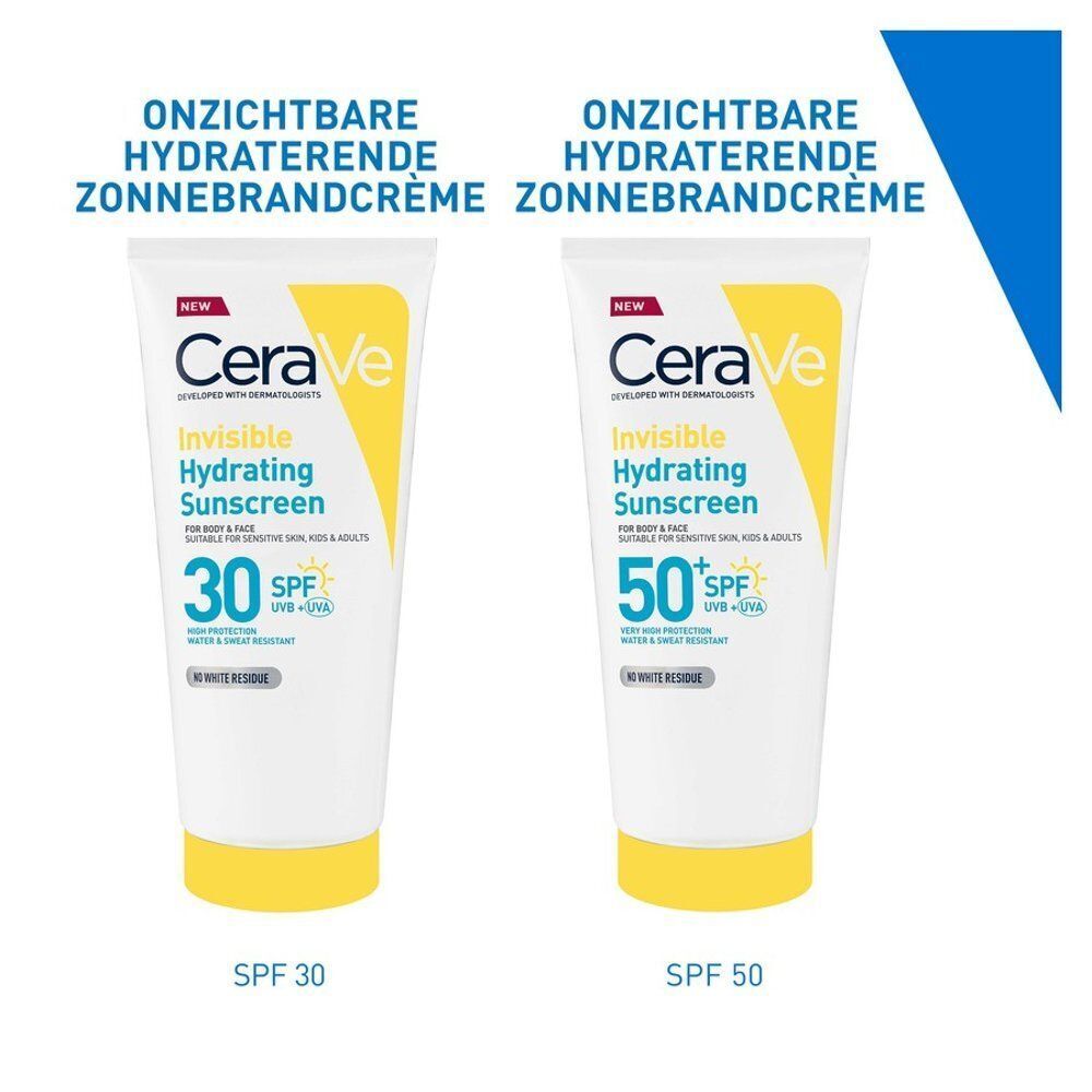 Deux tubes de protection solaire CeraVe. SPF 30 et SPF 50. Design blanc, jaune et bleu. Texte: Invisible, hydratant.