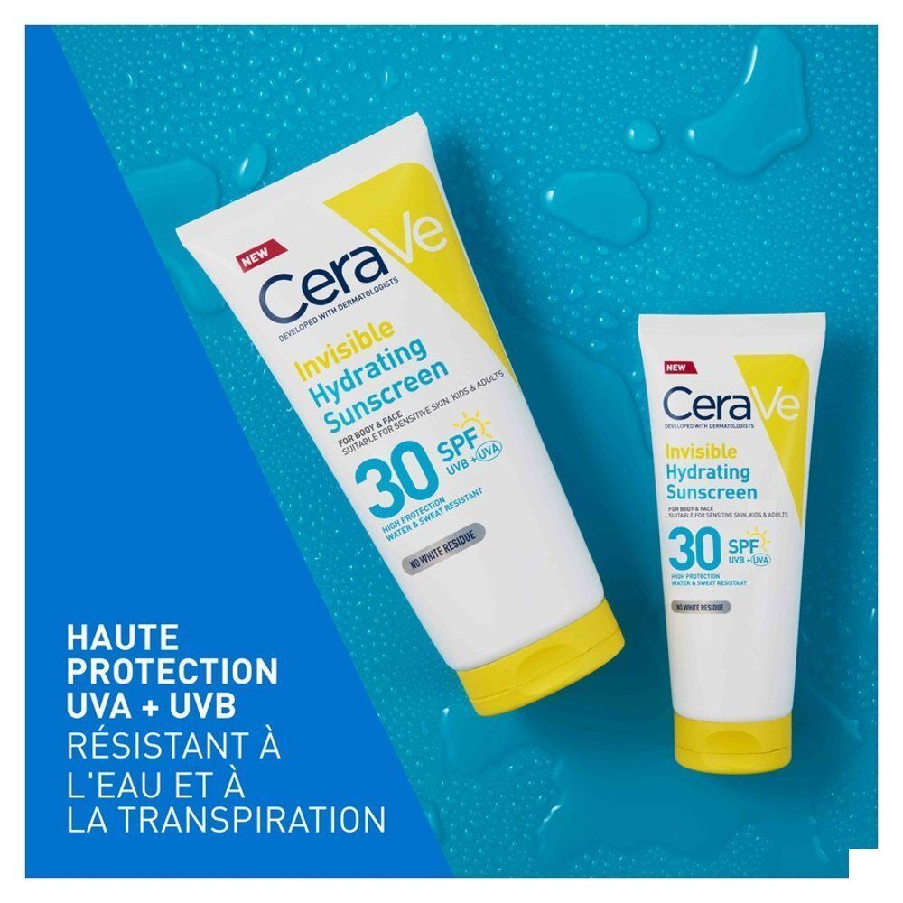 Deux tubes de CeraVe Invisible Hydrating Sunscreen SPF30. Design blanc, jaune et bleu. Texte: Haute protection, résistant à l'eau.