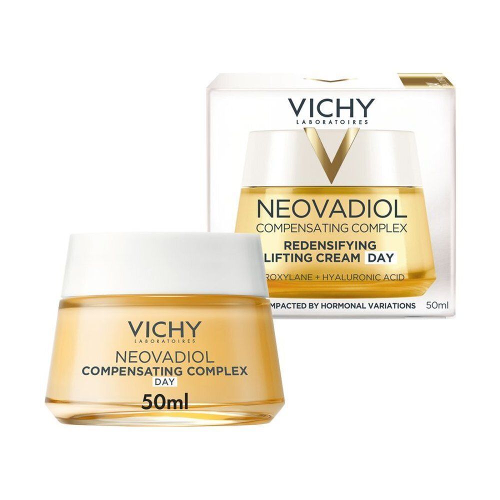 Vichy Neovadiol crème potje en verpakking. Geel potje, witte deksel. Opschrift: Neovadiol Compensating Complex Day.