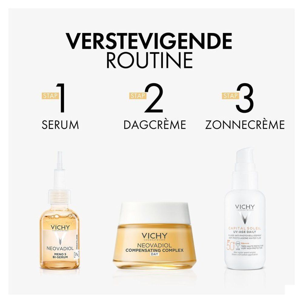 Drie producten: serum, dagcrème, zonnecrème. Vichy Neovadiol crème. Tekst: Protocole Redensifiant.
