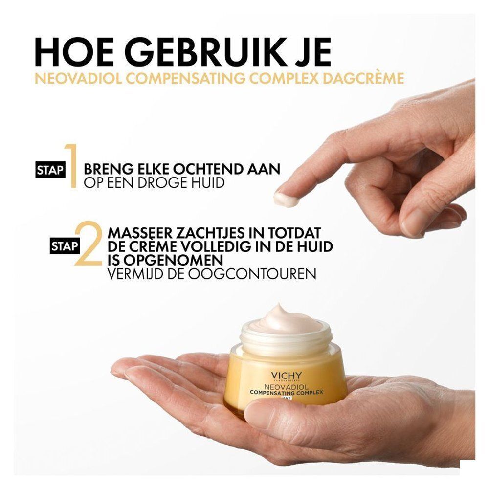 Hand houdt potje Vichy Neovadiol crème vast. Tekst: Getest onder dermatologisch toezicht. Opschrift: Neovadiol Compensating Complex Day.