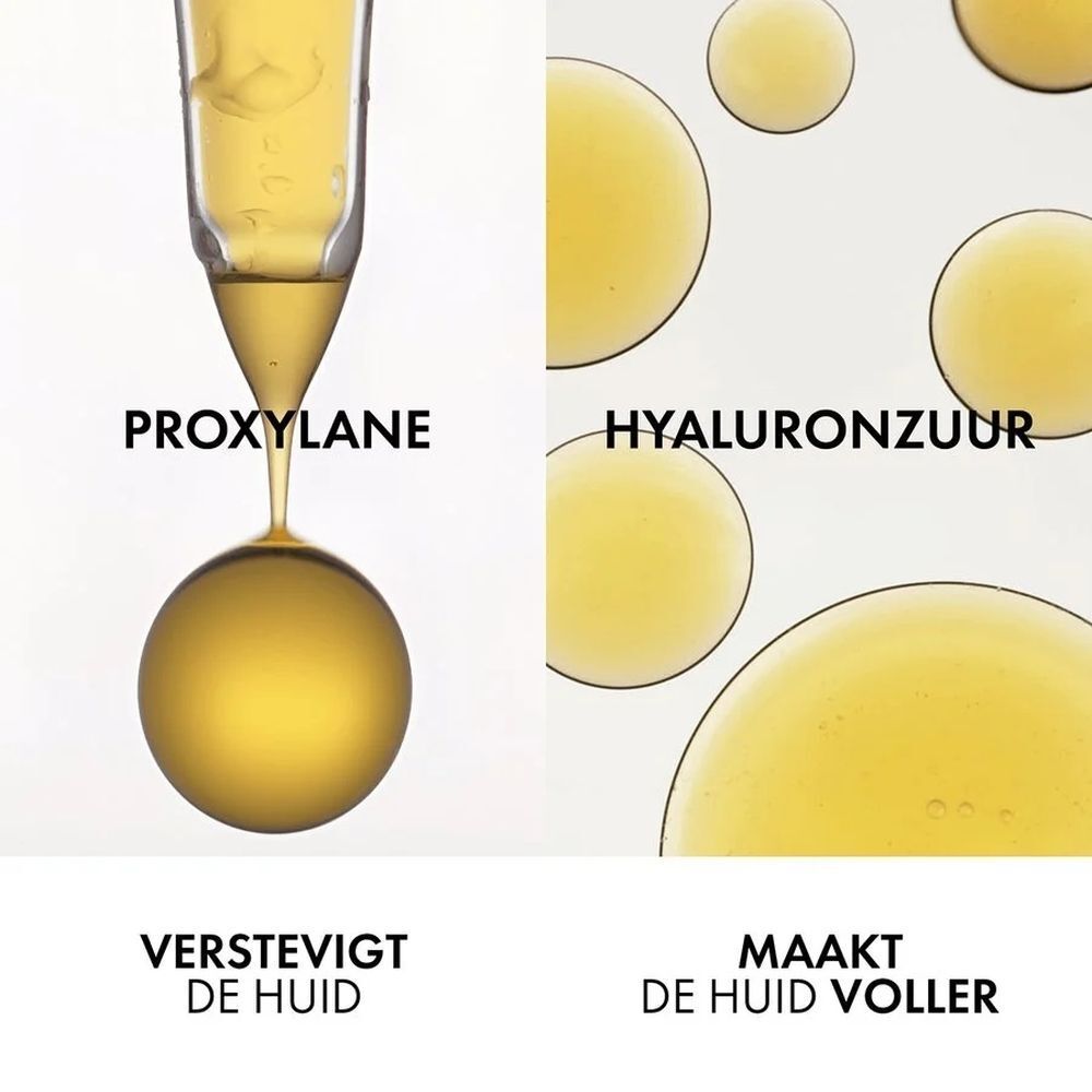Twee illustraties. Links: Pro-Xylane. Rechts: Hyaluronzuur. Tekst: Verstevigt de huid, maakt de huid voller.