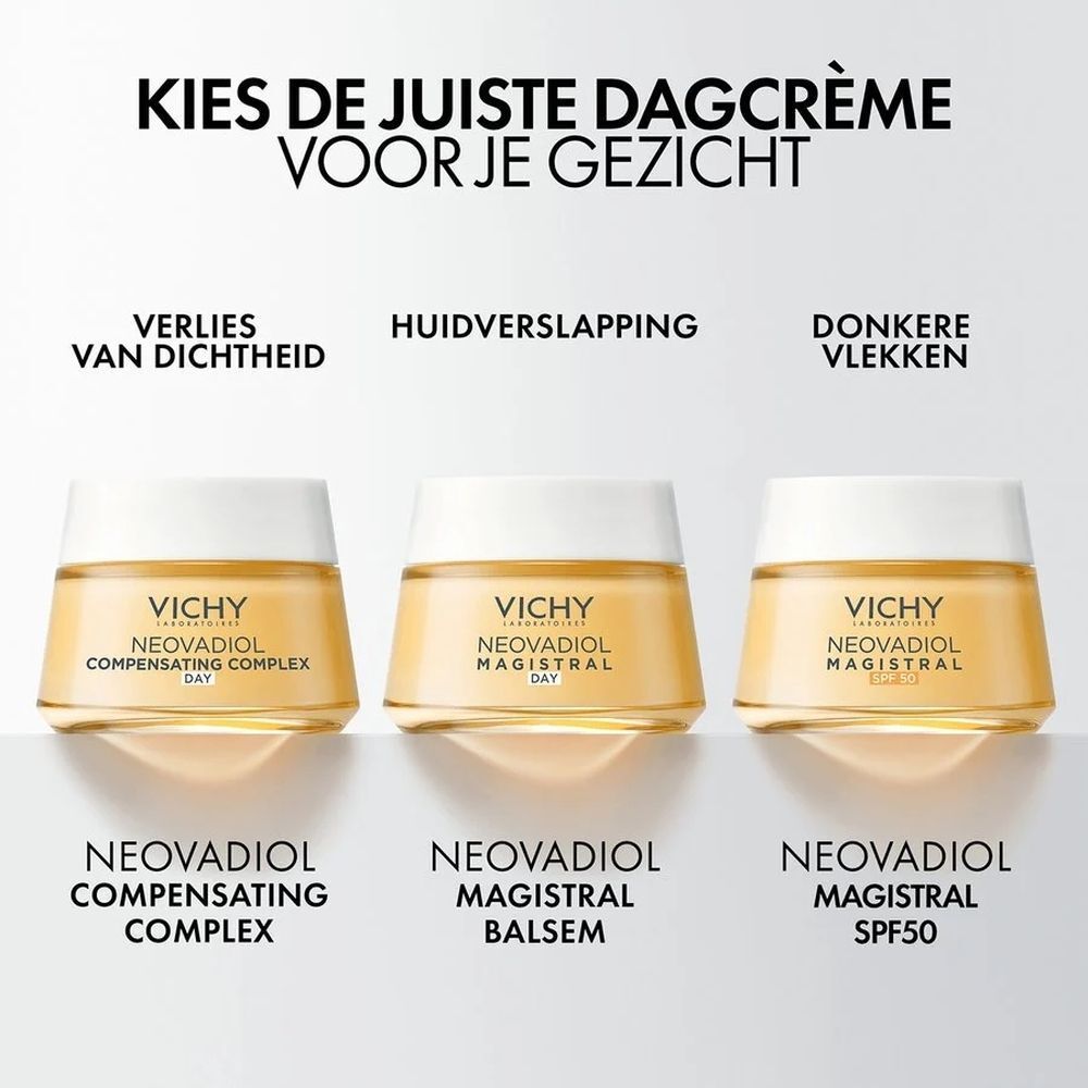 Drie Vichy Neovadiol potten. Tekst: Kies de juiste dagcrème voor je gezicht.