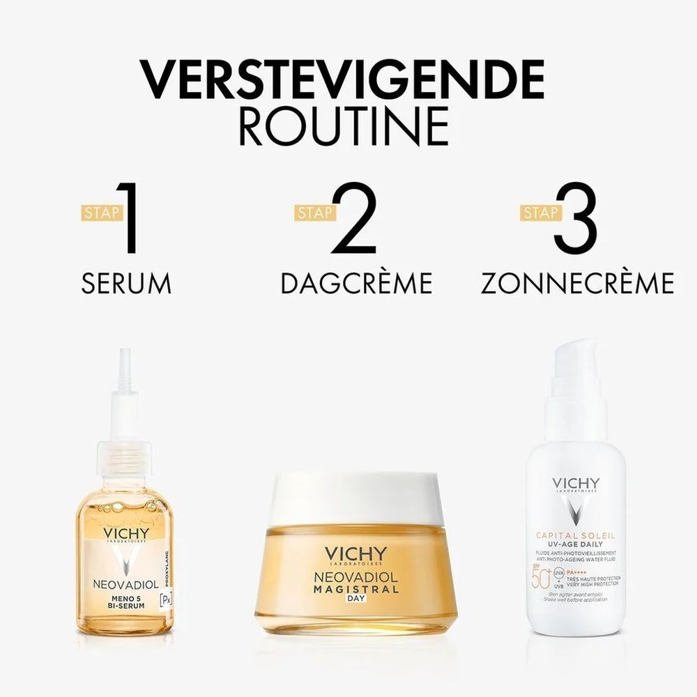Drie producten: serum, crème, zonnecrème. Vichy Neovadiol en Capital Soleil. Tekst: Verstevigende routine.