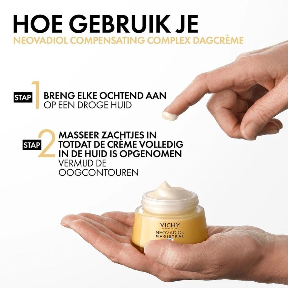 Hand met crème op vinger. Vichy Neovadiol Compensating Complex Day crème pot. Tekst: Hoe gebruik je.