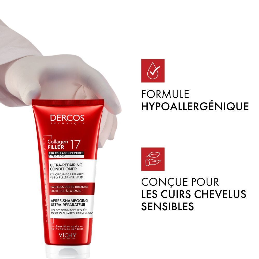 Vichy Dercos Après-Shampooing Collagen 17 Filler | Cheveux Abîmés et Cassants | Peptides Pro-Collagène et Acide citrique