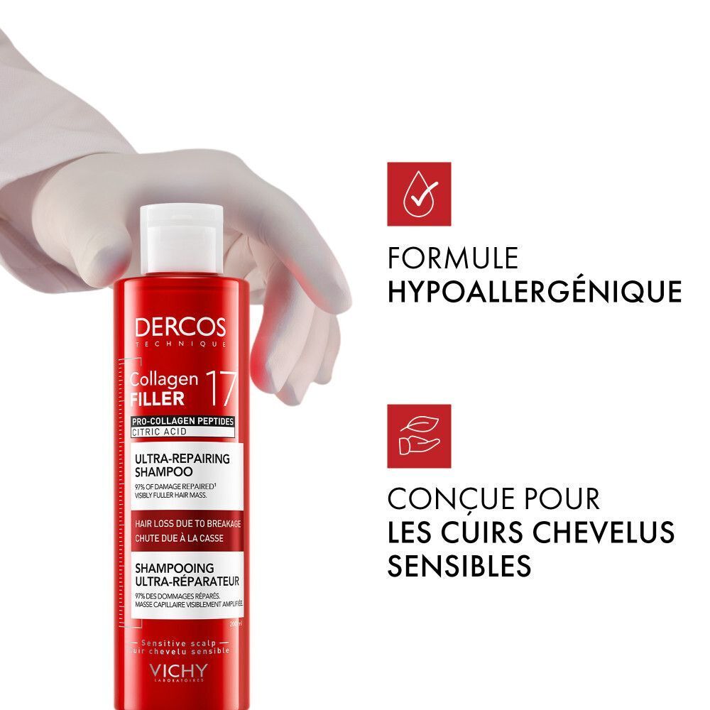 Vichy Dercos Shampooing Collagen 17 Filler | Cheveux Abîmés et Cassants | Peptides Pro-Collagène et Acide citrique