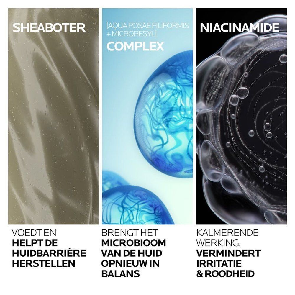 Trois gros plans d'ingrédients : beurre de karité, Aqua Posae Filiformis, niacinamide. Texte en néerlandais.