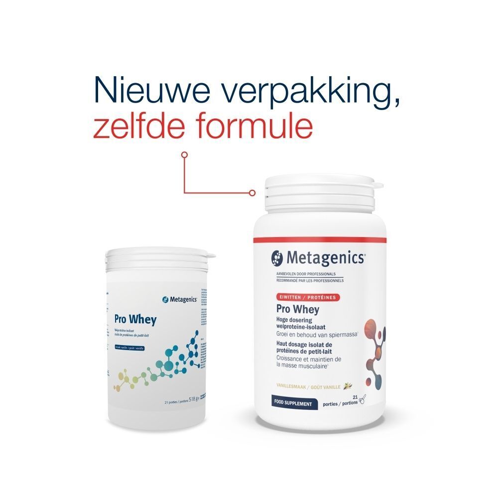 Vergelijking van verpakkingen. Links: pot Pro Whey. Rechts: fles Pro Whey. Tekst: Nieuwe verpakking, zelfde formule.