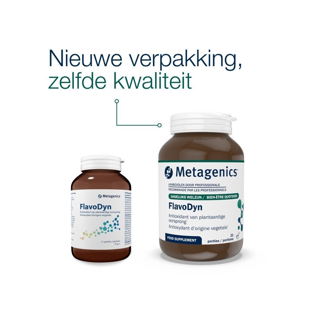 Verpakking van Metagenics Flavodyn. Een kleine en een grote fles. Opschrift: Flavodyn, antioxidant. Tekst: Nieuwe verpakking, zelfde kwaliteit.