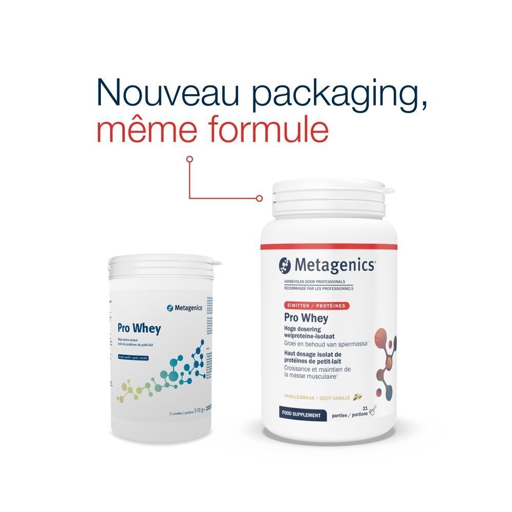 Deux contenants, une boîte et un flacon. Inscription: Metagenics, Pro Whey. Texte: Nouveau packaging, même formule.