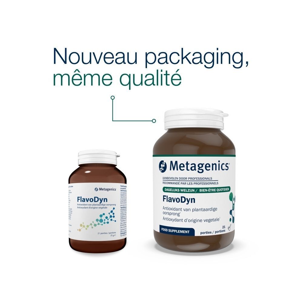 Deux flacons, un petit, un grand. Le grand flacon porte "Metagenics" et "FlavoDyn".
