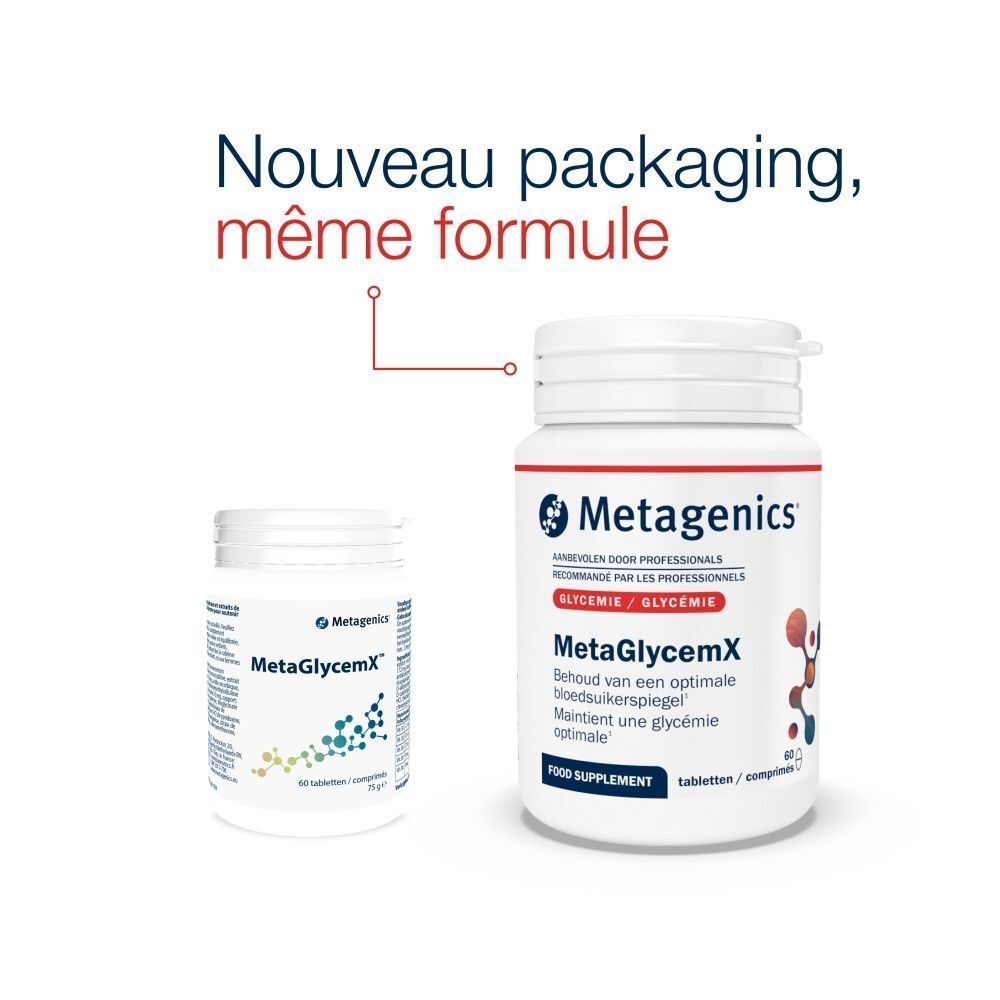 Deux flacons MetaGlycemX de Metagenics. Texte : Nouveau packaging, même formule. Complément alimentaire.