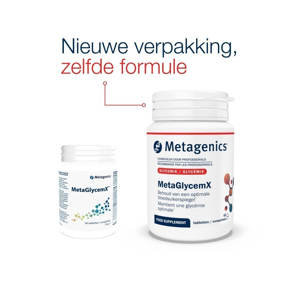 Twee flessen MetaGlycemX van Metagenics. Tekst: Nieuwe verpakking, zelfde formule. Voedingssupplement.