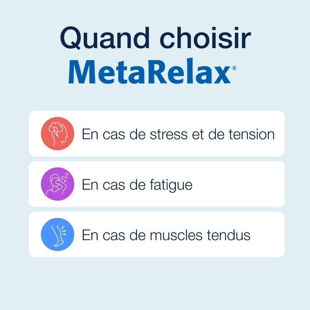 Texte : Quand choisir MetaRelax ? En cas de stress et de tension, de fatigue et de muscles tendus.