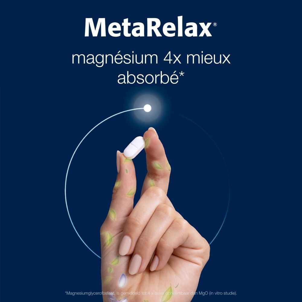 Main tenant un comprimé. Texte : MetaRelax, magnésium 4x mieux absorbé.