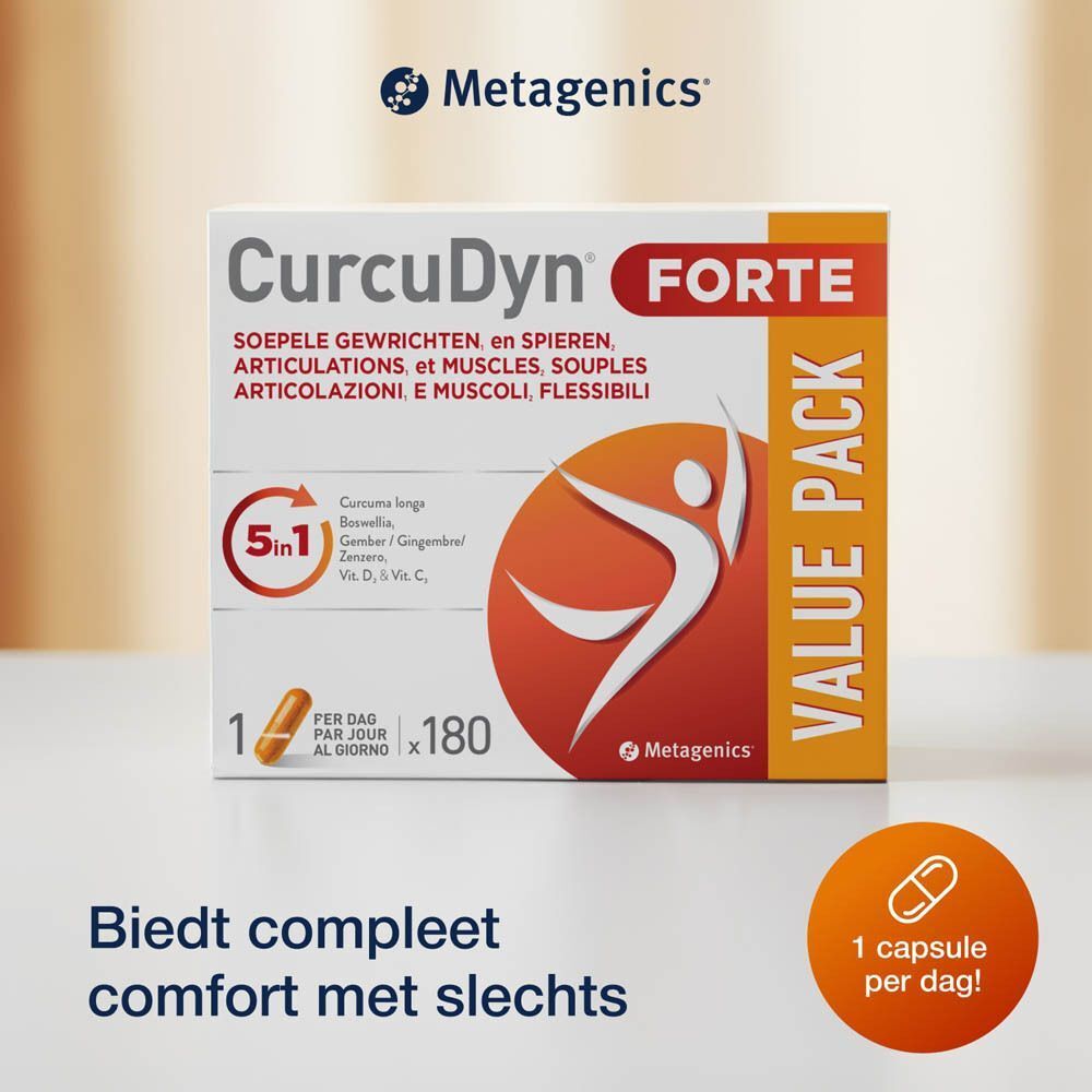 Witte doos CurcuDyn Forte, gele capsule, tekst. 1 capsule per dag.