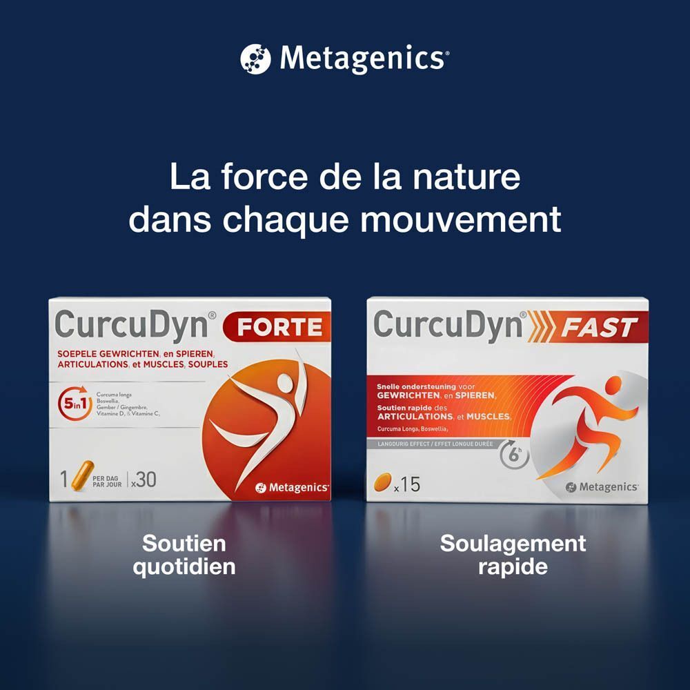 Deux emballages de produits. Texte: CurcuDyn Forte et CurcuDyn Fast.