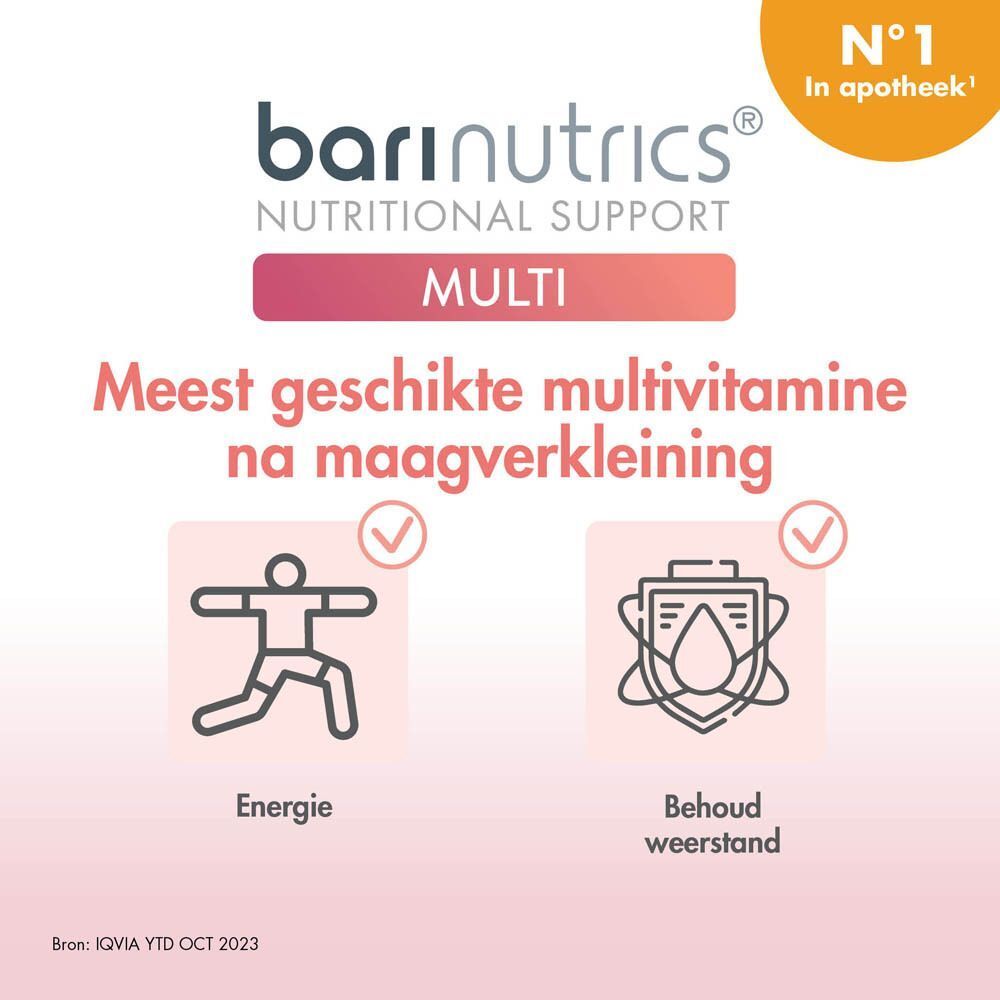 Advertentie voor BariNutrics Multi. Tekst: Meest geschikte multivitamine na maagverkleining. Logo's en iconen voor Energie en Behoud weerstand.