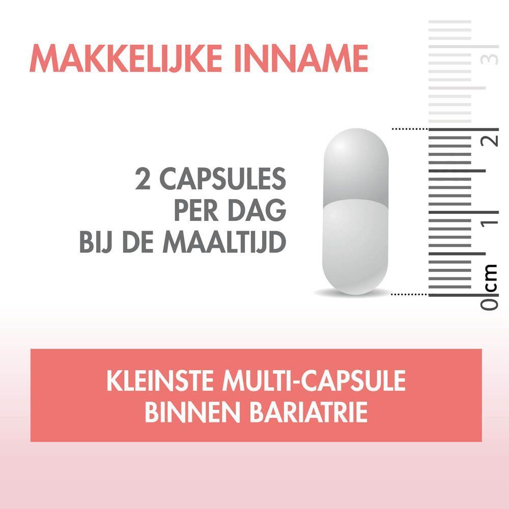 Capsule van BariNutrics Multi. Twee capsules per dag, bij de maaltijd. Schaal voor groottevergelijking.
