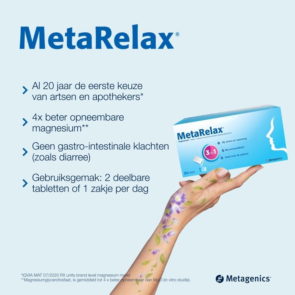 MetaRelax-verpakking in hand. Tekst: Al 20 jaar de eerste keuze van artsen. 4x beter opneembaar. Geen gastro-intestinale klachten.