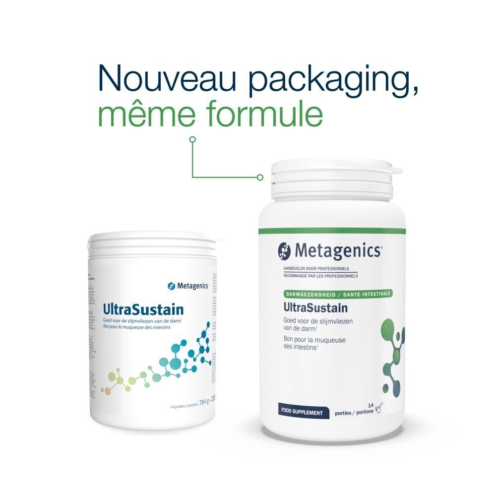 Une boîte et un flacon Metagenics UltraSustain. Texte : Nouveau packaging, même formule.