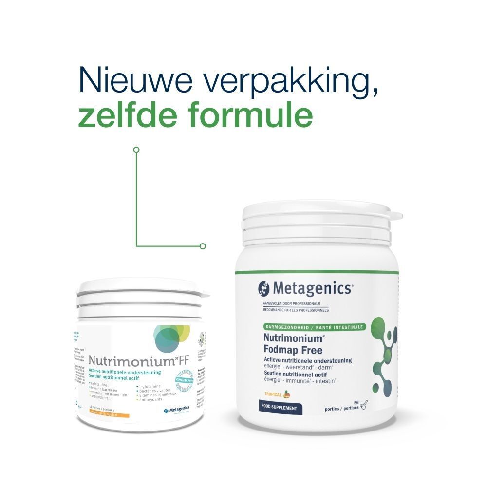 Twee containers. Links: Nutrimonium FF. Rechts: Fodmap Free. Tekst: Nieuwe verpakking, zelfde formule. Logo's en tekst.