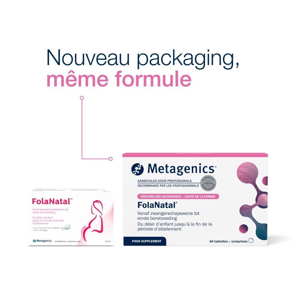 Deux boîtes de compléments alimentaires. Boîtes roses et blanches avec texte et logo. 84 comprimés par boîte.