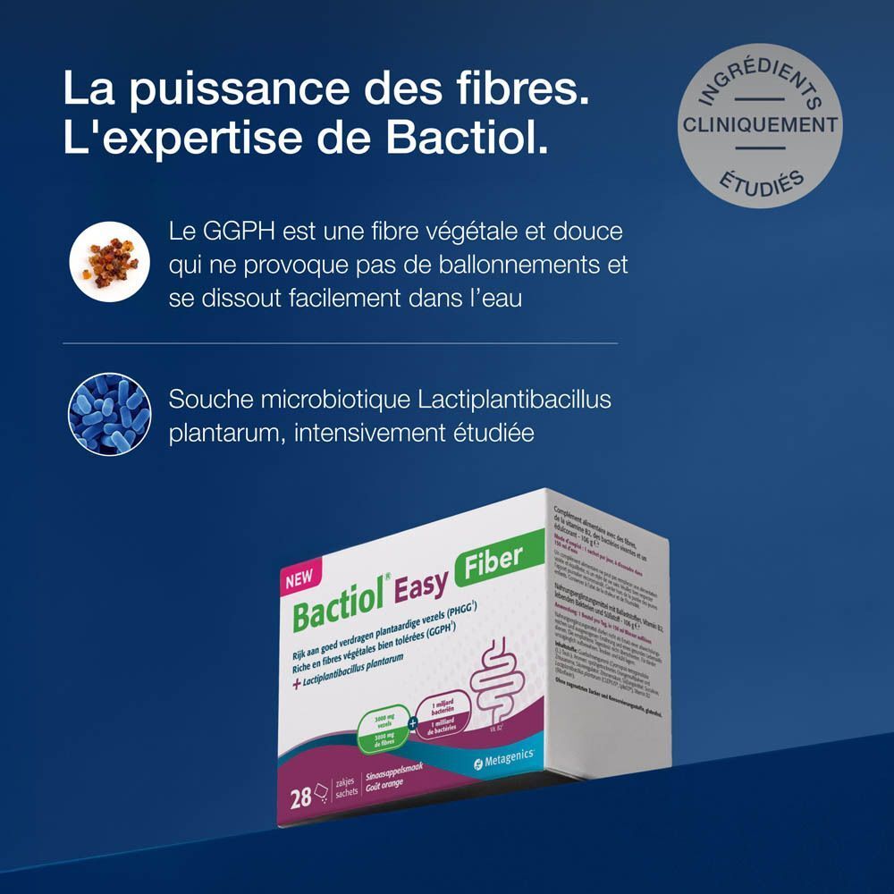 Boîte de Bactiol Easy Fiber. Texte : 'Ingrédients cliniquement étudiés'.