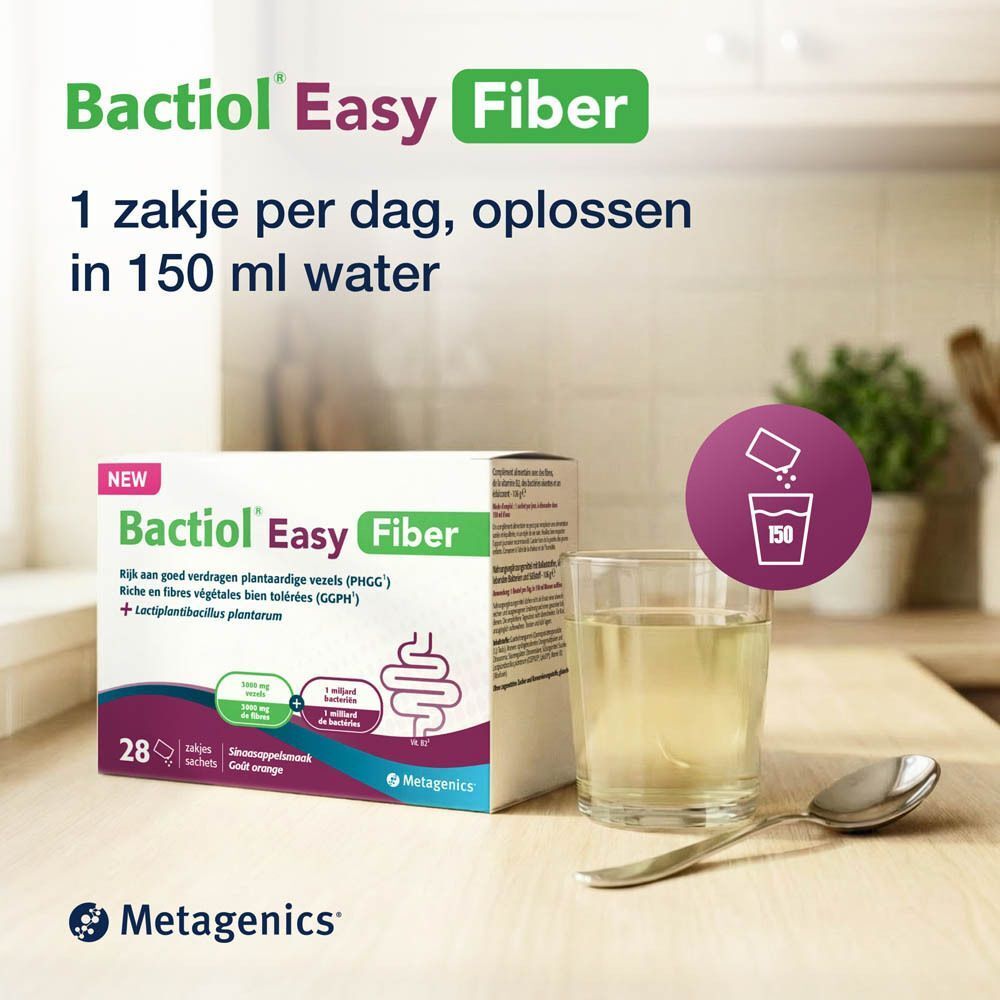 Bactiol Easy Fiber-verpakking, glas water, lepel. Tekst: '1 zakje per dag, oplossen in 150 ml water'.