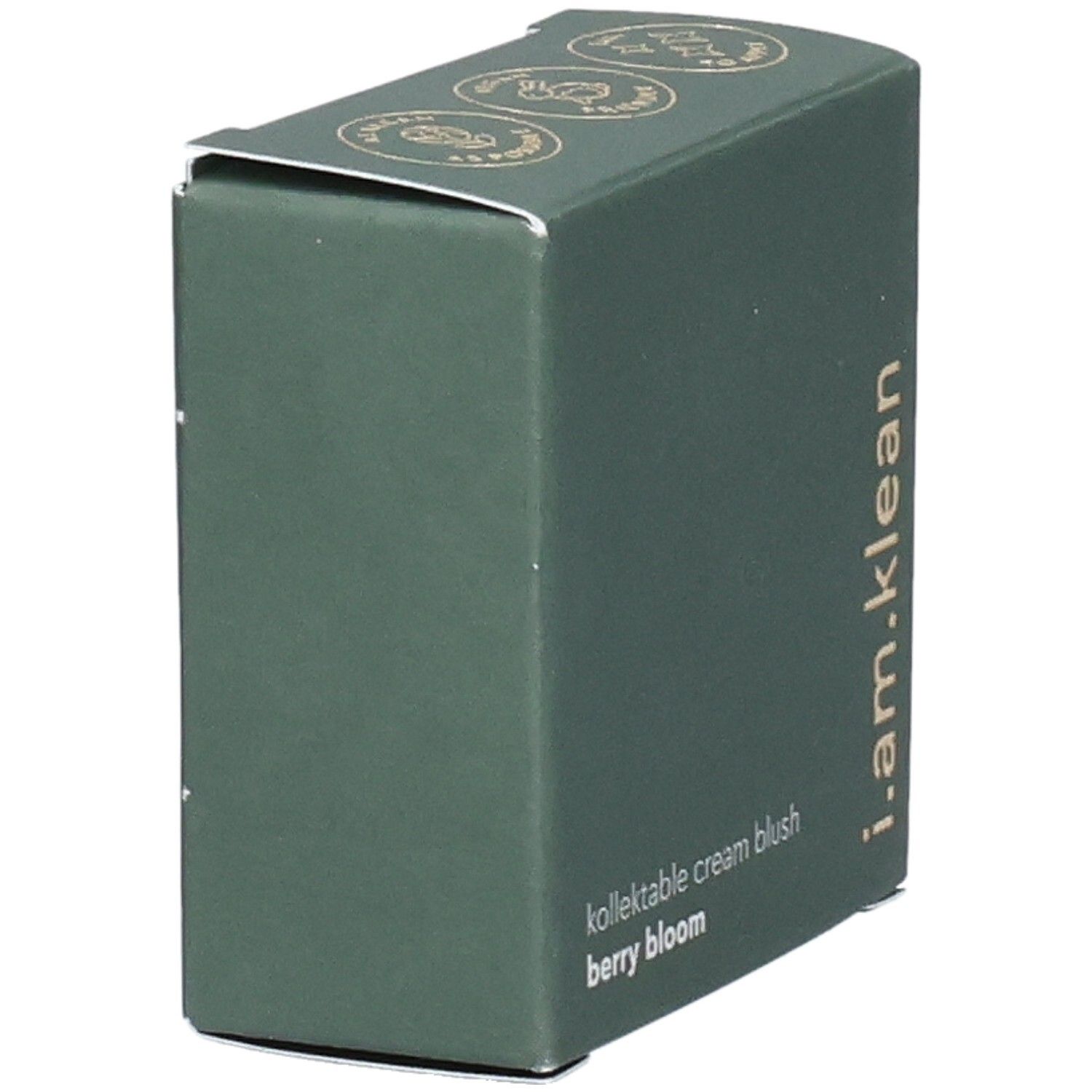 Grüne Kartonverpackung. Aufschrift: i.am.klean, kollektable cream blush berry bloom. Seitenansicht.