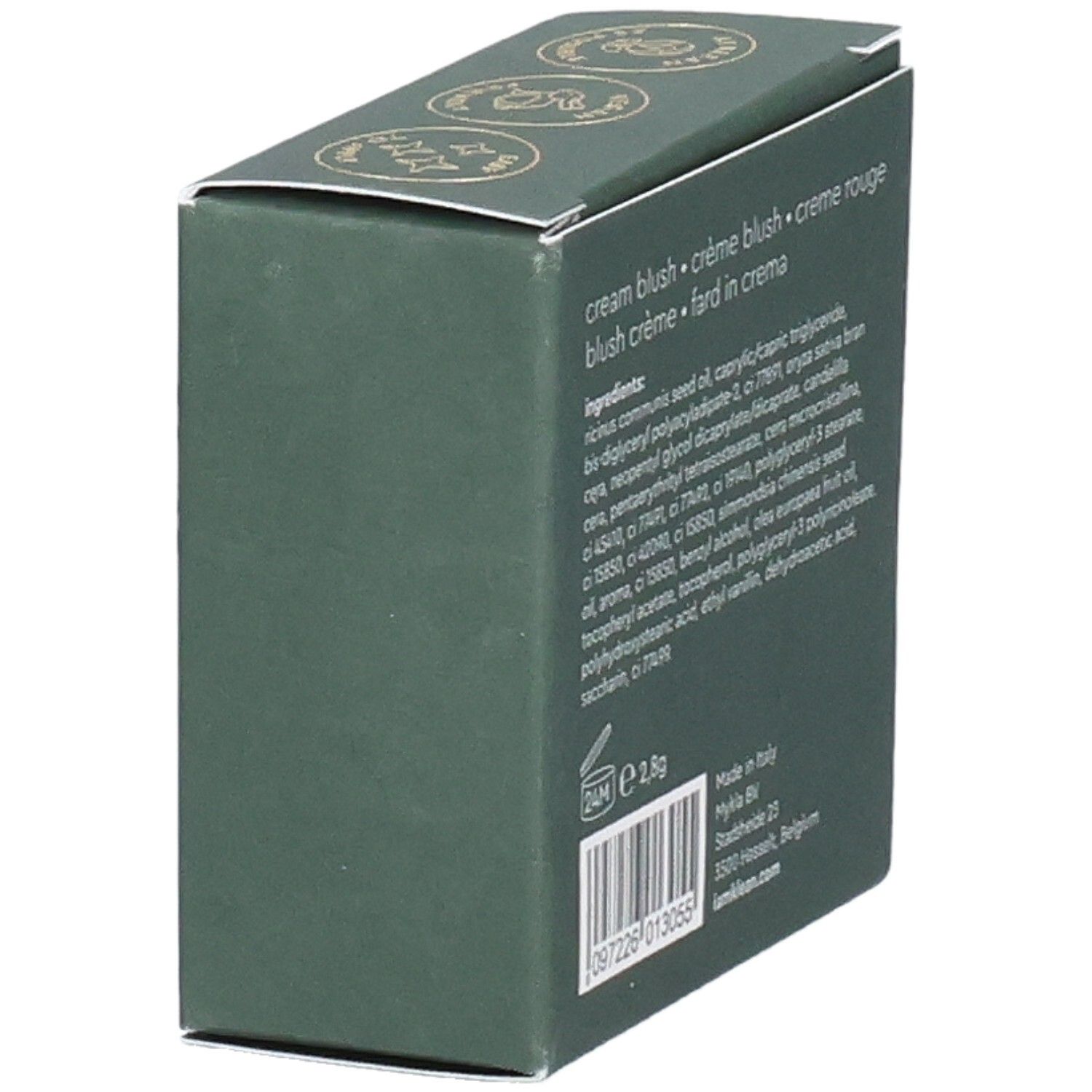 Grüne Kartonverpackung. Rückseite mit Inhaltsstoffen, Gewicht und Herkunft. Seitenansicht.