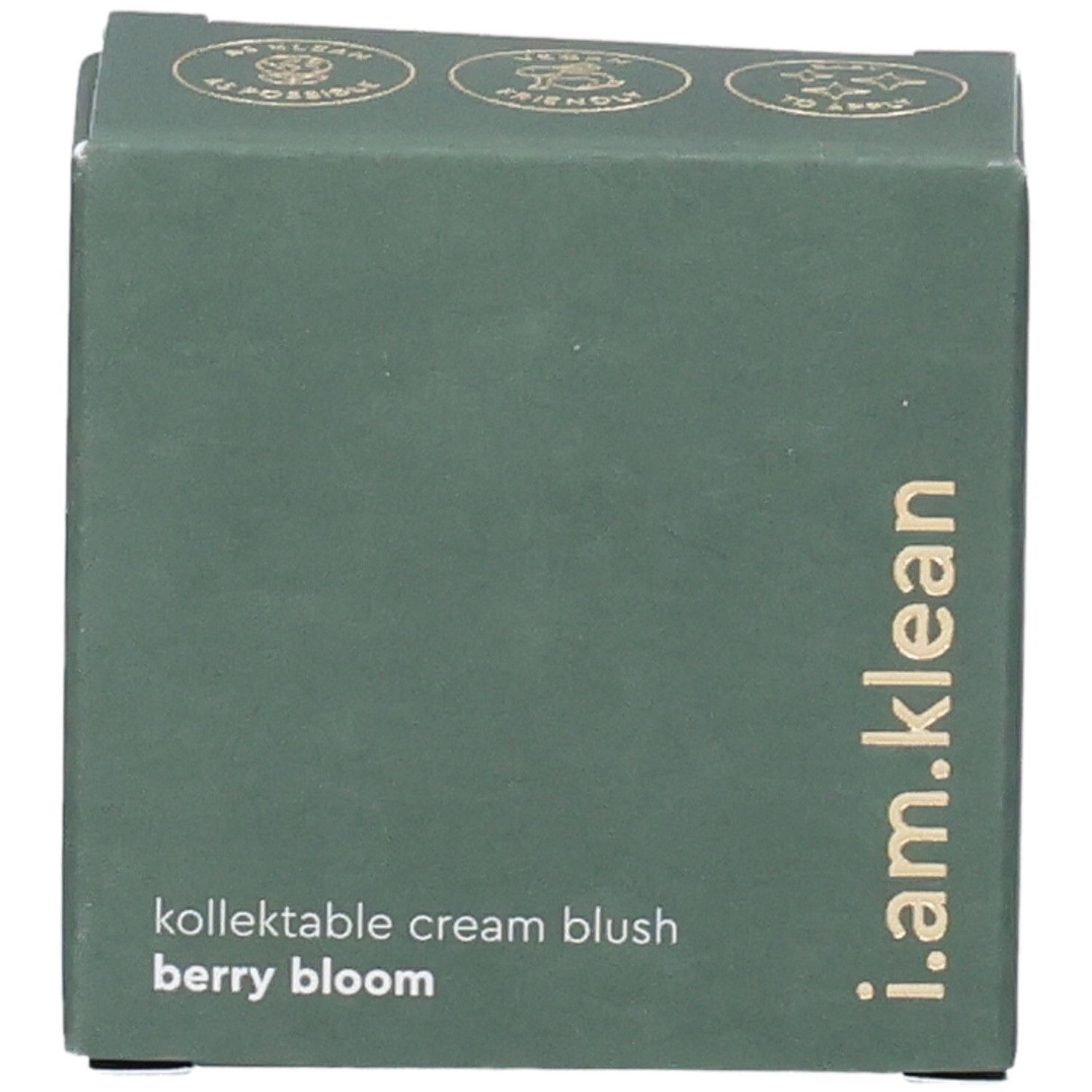 Grüne Kartonverpackung. Aufschrift: i.am.klean, kollektable cream blush berry bloom. Oben: Logos.