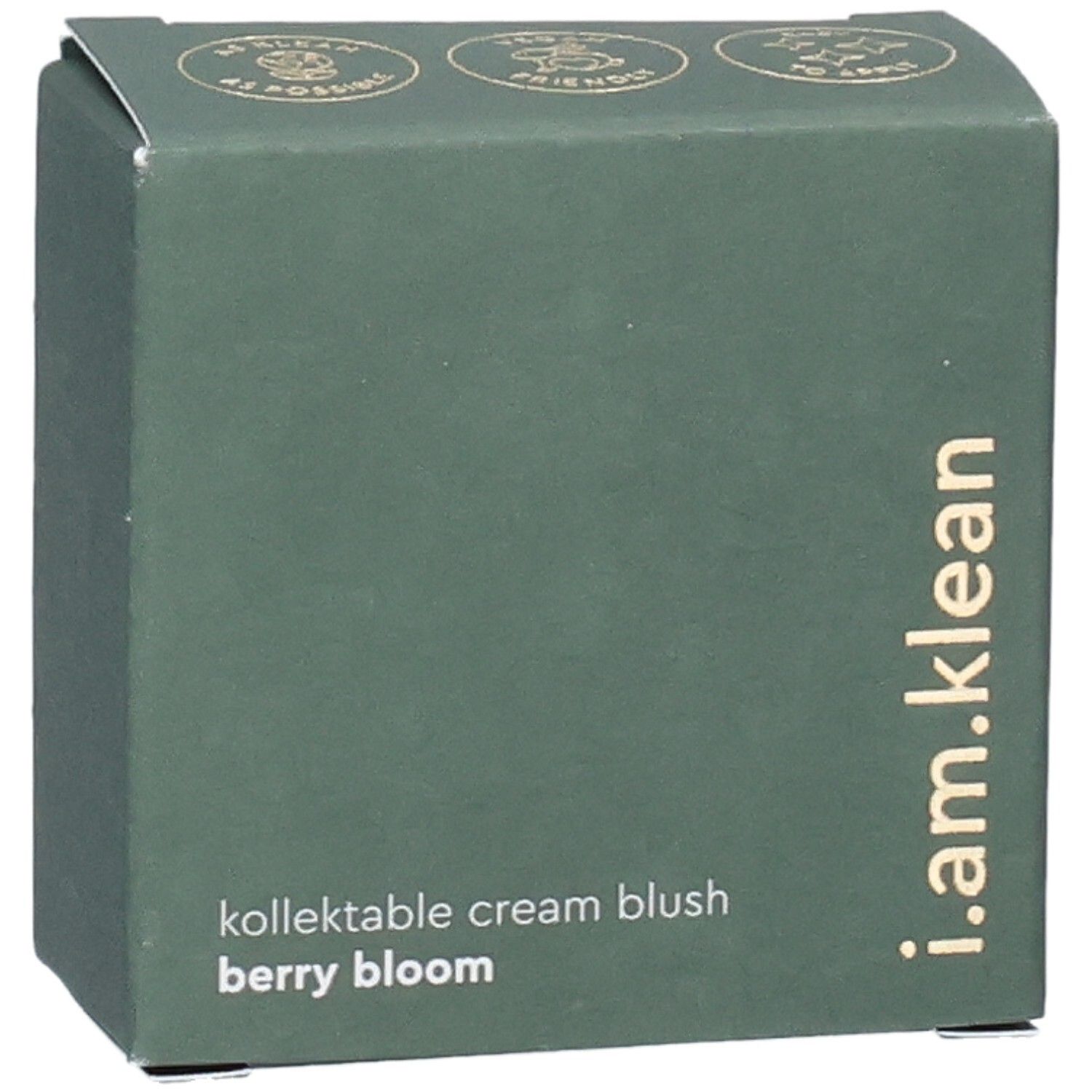 Grüne Kartonverpackung. Aufschrift: i.am.klean, kollektable cream blush berry bloom. Oben: Logos.