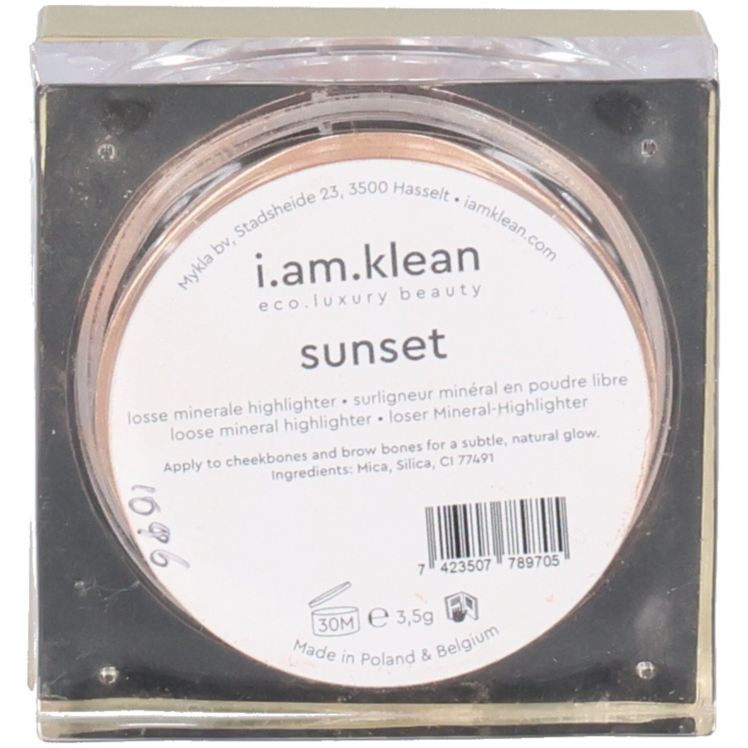Geöffnete Dose mit losem Mineral-Highlighter. Aufkleber mit Produktinformationen und Barcode.