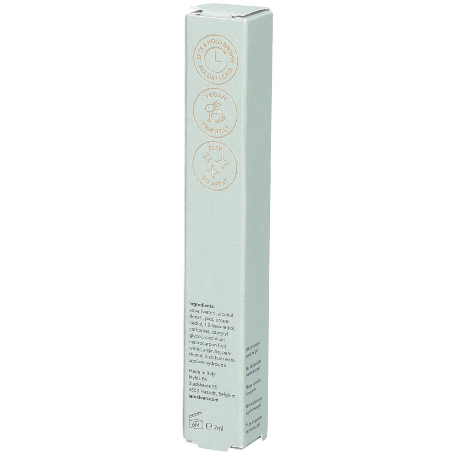 Hellgrüne Verpackung mit Produktnamen und Logo. Text: brow control gel, i.am.klean. Vegan, leicht anzuwenden.