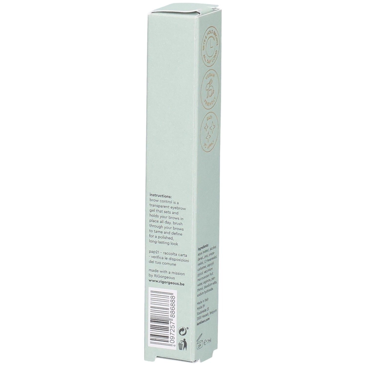 Hellgrüne Verpackung mit Produktnamen und Logo. Text: brow control gel, i.am.klean. Inhaltsstoffe und Anwendungshinweise.