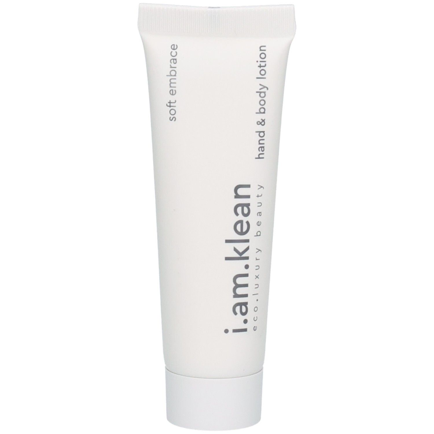 Kleine, weiße Tube mit Aufschrift: i.am.klean, Hand & Body Lotion, Soft Embrace. Vertikale Ansicht.