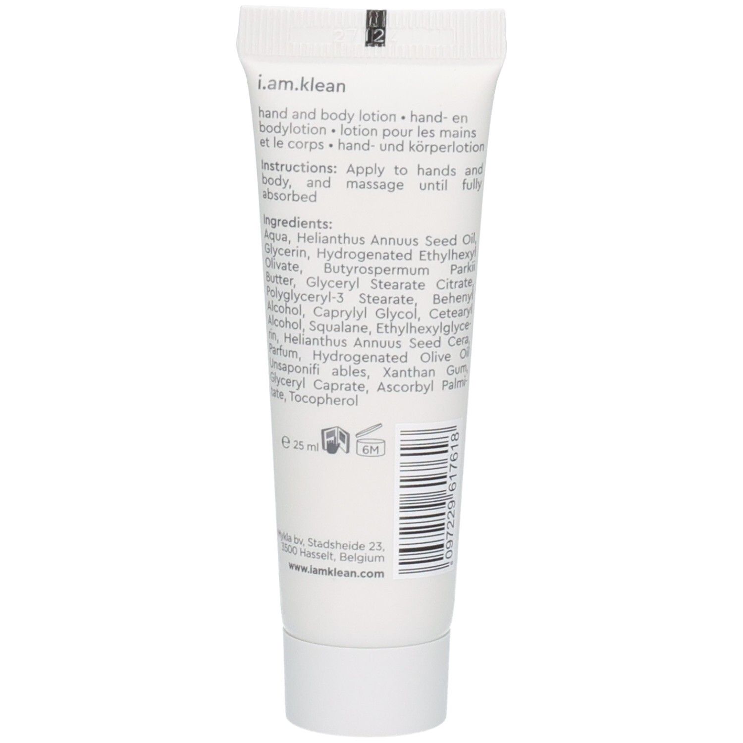 Rückseite der kleinen weißen Tube. Text: i.am.klean, Hand & Body Lotion, Inhaltsstoffe, 25 ml.