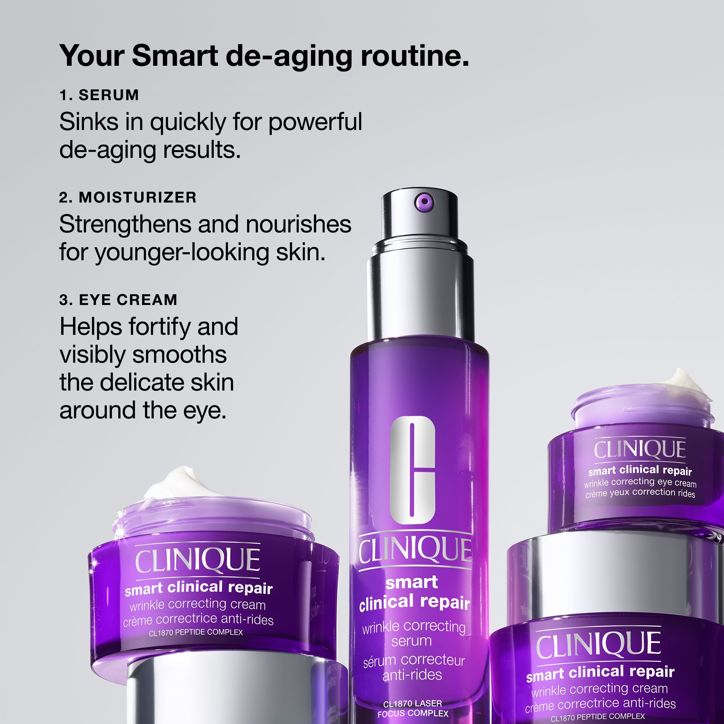 Eine Auswahl von Clinique Smart Clinical Repair™ Produkten, darunter Tiegel und Serum.