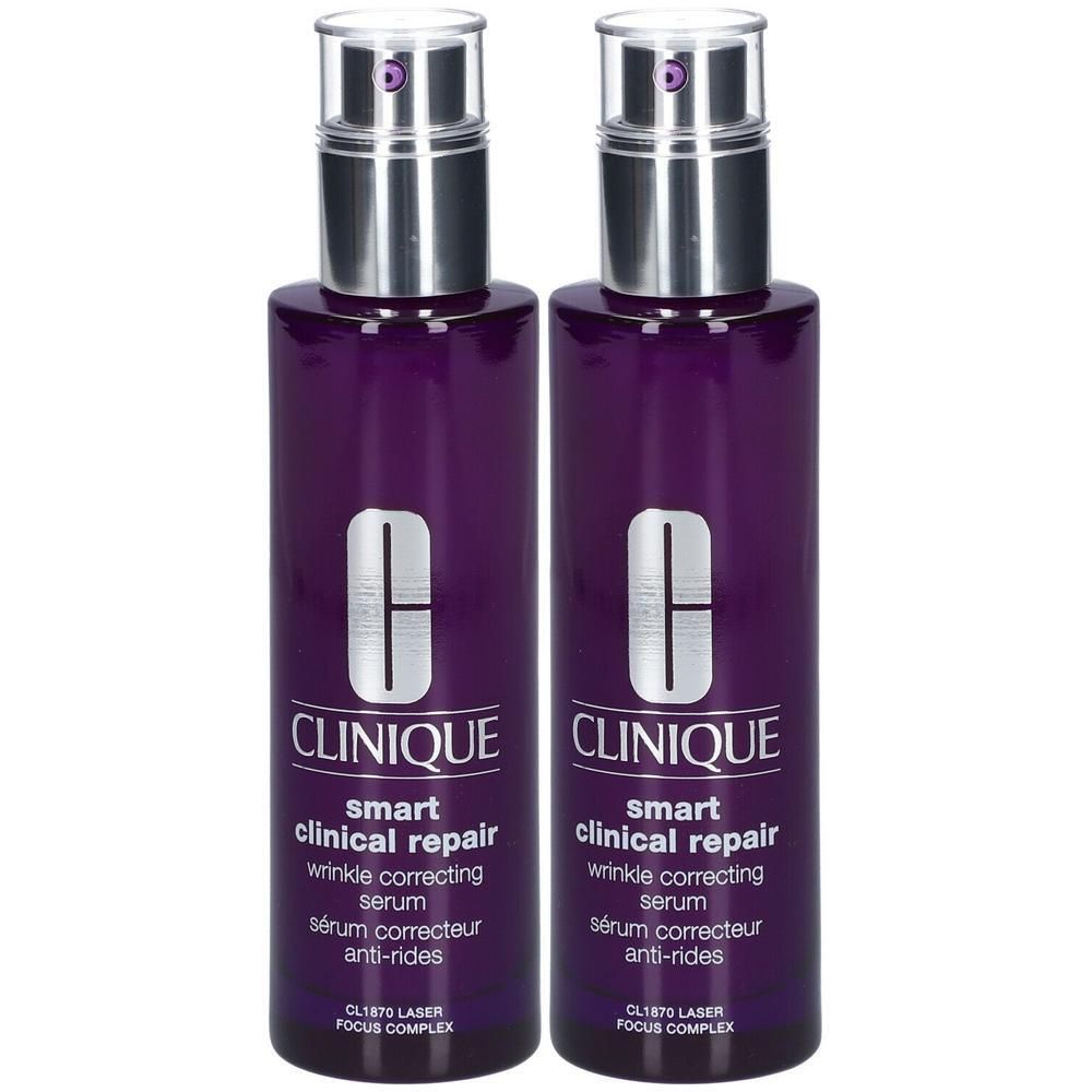 Zwei Flaschen Clinique Smart Clinical Repair Faltenkorrektur Serum in Lila mit silbernen Pumpaufsätzen.