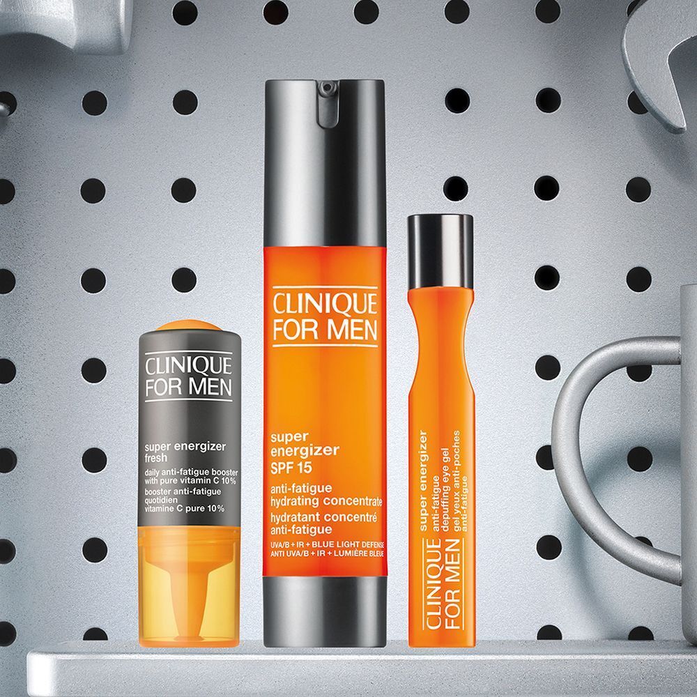 Drei CLINIQUE For Men Hautpflegeprodukte, darunter Super Energizer SPF 15.