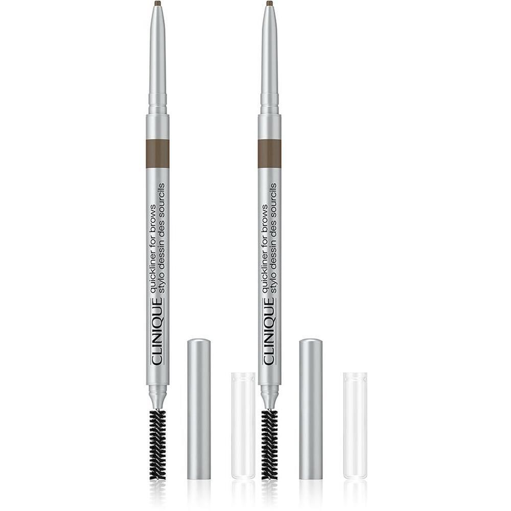 Zwei Clinique Quickliner für Augenbrauen in Auburn, mit Bürstenaufsatz und Schutzkappen.